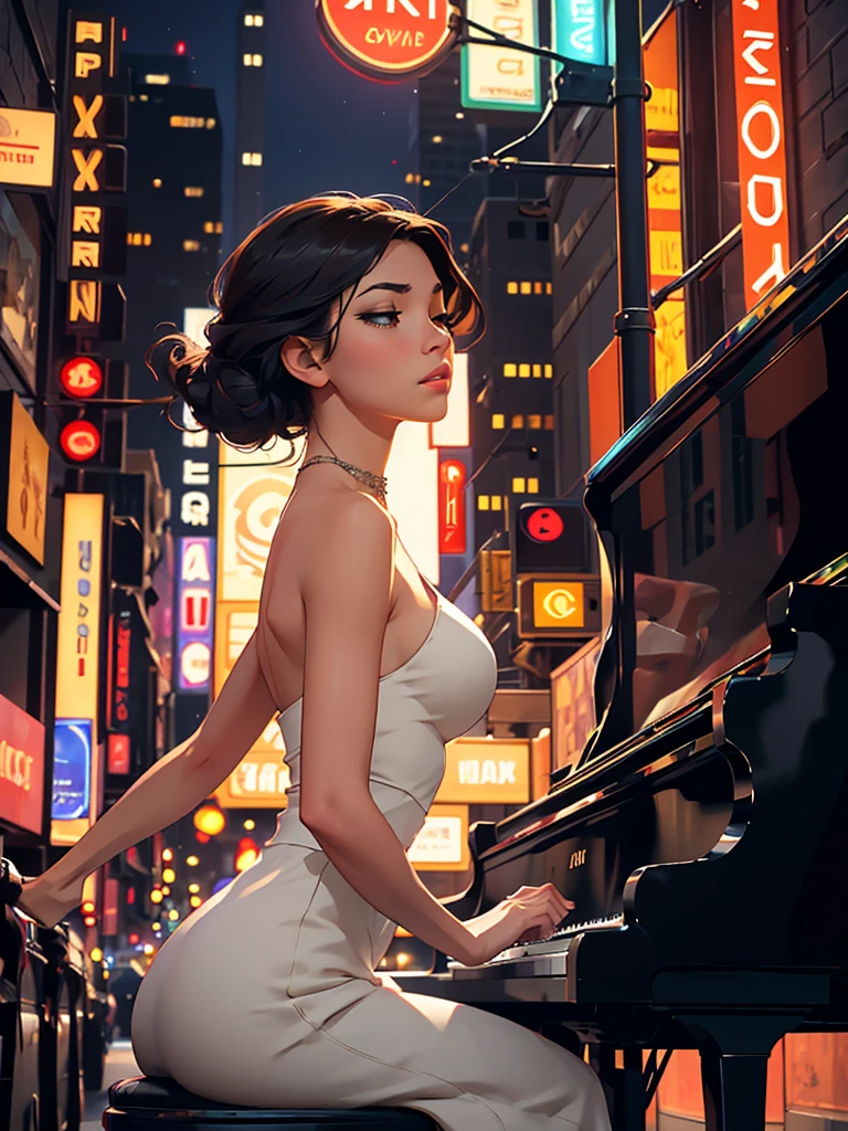 [Core Concept] A young woman playing piano in the middle of an urban street.

[Character Description] A beautiful, youthful woman with delicate features and graceful movements, her fingers dancing across the piano keys with elegant poise and concentration.

[Environment/Background] The scene takes place on a bustling urban street, surrounded by towering buildings, neon signs, and the hustle and bustle of city life. Pedestrians and vehicles weave through the background, creating a dynamic and vibrant atmosphere.

[Style and Atmosphere] The image has a dreamlike, almost surreal quality, with a soft, romantic lighting that bathes the woman and her piano in a warm, ethereal glow, contrasting with the gritty, modern urban setting.

[Composition] The woman and her piano are positioned at the center of the frame, commanding attention and creating a striking focal point. The surrounding cityscape frames and complements the central figure, drawing the viewer's eye towards the mesmerizing performance.

[Details and Embellishments] The woman's expression is one of deep focus and passion, her eyes closed as she loses herself in the music. The piano itself is a sleek, grand instrument, its glossy black surface reflecting the lights of the city.

[Technical Specifications] The image is rendered in a photorealistic style, with a high level of detail and attention to lighting, texture, and perspective, creating a sense of immersion and realism.
