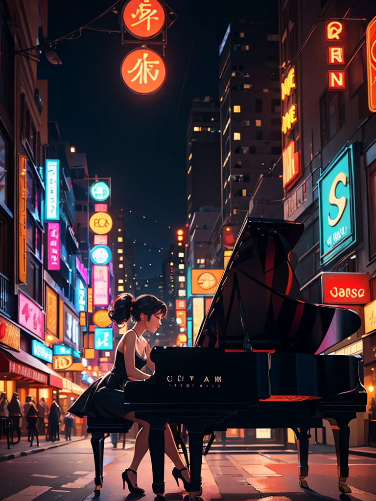 [Core Concept] A young woman playing piano in the middle of an urban street.

[Character Description] A beautiful, youthful woman with delicate features and graceful movements, her fingers dancing across the piano keys with elegant poise and concentration.

[Environment/Background] The scene takes place on a bustling urban street, surrounded by towering buildings, neon signs, and the hustle and bustle of city life. Pedestrians and vehicles weave through the background, creating a dynamic and vibrant atmosphere.

[Style and Atmosphere] The image has a dreamlike, almost surreal quality, with a soft, romantic lighting that bathes the woman and her piano in a warm, ethereal glow, contrasting with the gritty, modern urban setting.

[Composition] The woman and her piano are positioned at the center of the frame, commanding attention and creating a striking focal point. The surrounding cityscape frames and complements the central figure, drawing the viewer's eye towards the mesmerizing performance.

[Details and Embellishments] The woman's expression is one of deep focus and passion, her eyes closed as she loses herself in the music. The piano itself is a sleek, grand instrument, its glossy black surface reflecting the lights of the city.

[Technical Specifications] The image is rendered in a photorealistic style, with a high level of detail and attention to lighting, texture, and perspective, creating a sense of immersion and realism.