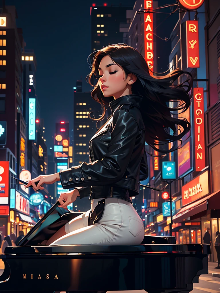 [Core Concept] A young woman playing piano in the middle of an urban street.

[Character Description] A beautiful, youthful woman with delicate features and graceful movements, her fingers dancing across the piano keys with elegant poise and concentration.

[Environment/Background] The scene takes place on a bustling urban street, surrounded by towering buildings, neon signs, and the hustle and bustle of city life. Pedestrians and vehicles weave through the background, creating a dynamic and vibrant atmosphere.

[Style and Atmosphere] The image has a dreamlike, almost surreal quality, with a soft, romantic lighting that bathes the woman and her piano in a warm, ethereal glow, contrasting with the gritty, modern urban setting.

[Composition] The woman and her piano are positioned at the center of the frame, commanding attention and creating a striking focal point. The surrounding cityscape frames and complements the central figure, drawing the viewer's eye towards the mesmerizing performance.

[Details and Embellishments] The woman's expression is one of deep focus and passion, her eyes closed as she loses herself in the music. The piano itself is a sleek, grand instrument, its glossy black surface reflecting the lights of the city.

[Technical Specifications] The image is rendered in a photorealistic style, with a high level of detail and attention to lighting, texture, and perspective, creating a sense of immersion and realism.