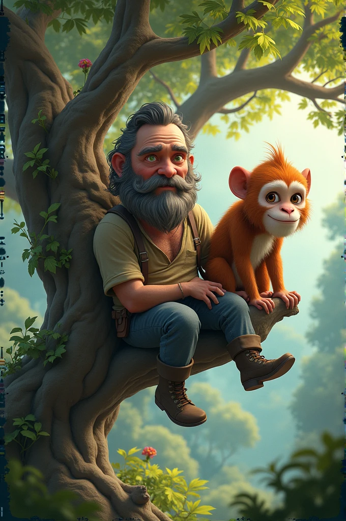 Man with goatee and forelock sitting in a tree next to a monkey and a chubby man with a beard