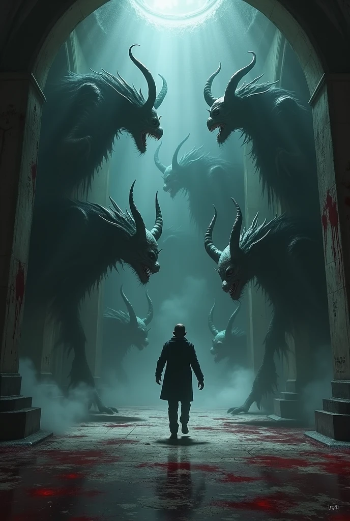 A person alone in a haunted room With a very scary background,
With demons with wings and horns wanting to eat him around And the style of the image is realistic With a gloomy and bloody style