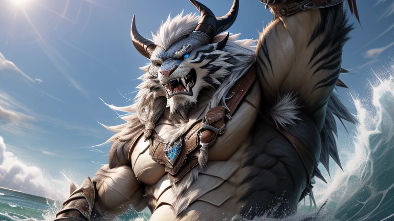 head、Animal cat face、A pair of dragon horns,Fluffy white hair all over the body、Heavy breathing、Gnashing of teeth,Serious expression,Fluffy belly、Leather Armor,Viking style,wildcat、blue eyes,(contour)The whole body is covered with long white hair、Hairy body、Long and thick armpit hair、Fangs、4K,The storm is coming,Sharp claws、驾驶Boat只,Sea,ocean,Boat,Boat上