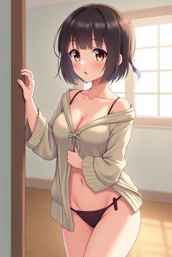 a japanese girl, short hair, with sweater, in string thong, panties, showing the ass.