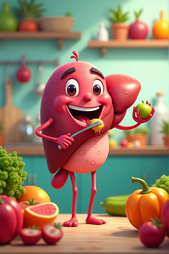 A cartoon shaped human liver eating fruits and vegetables 