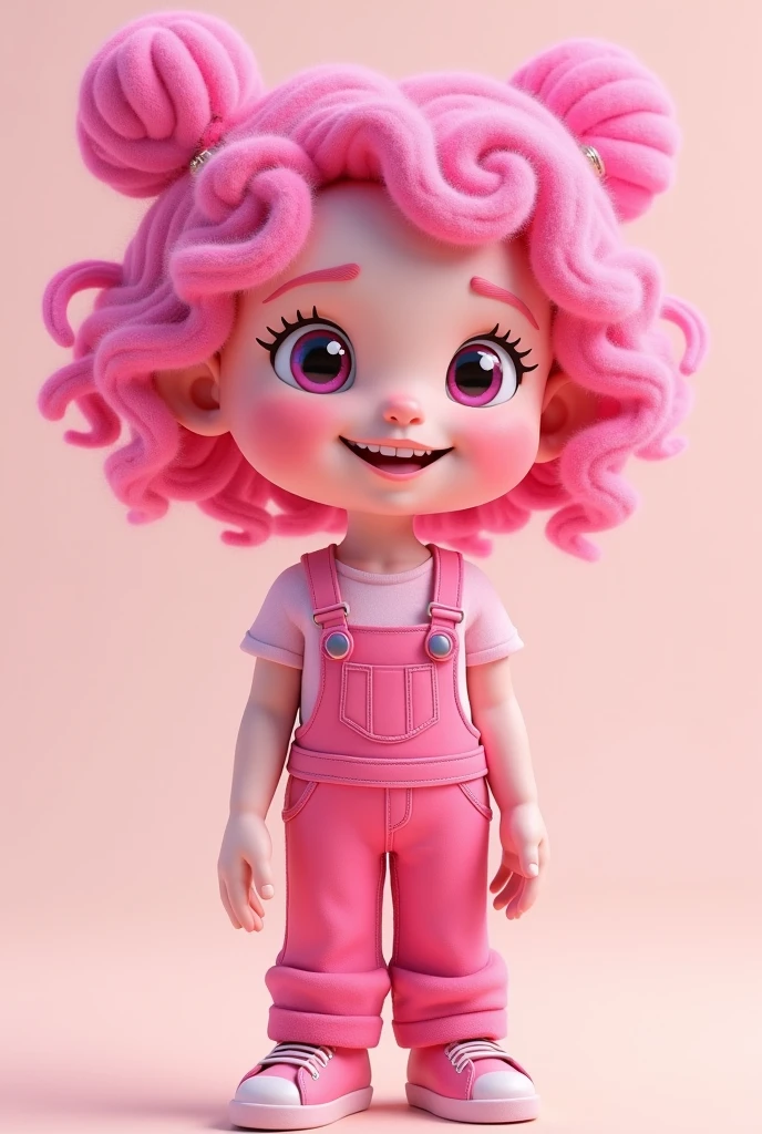 Make one with pink skin tone dressed in pink with pink overalls, pink curly hair and pink pants and she's happy
