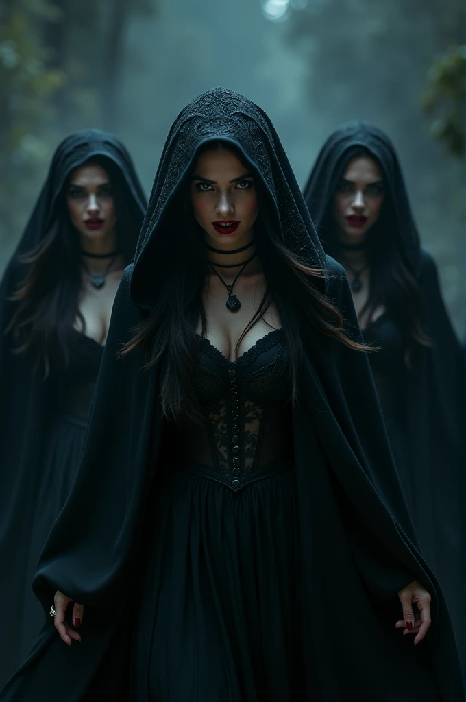 Create a high-quality photographic image depicting a group of three vampire women approaching the camera. The women are wearing hooded cloaks and long gothic-style dresses. Each has a seductive expression, smiling to reveal their vampire fangs. The scene is set in a dark and terrifying atmosphere.