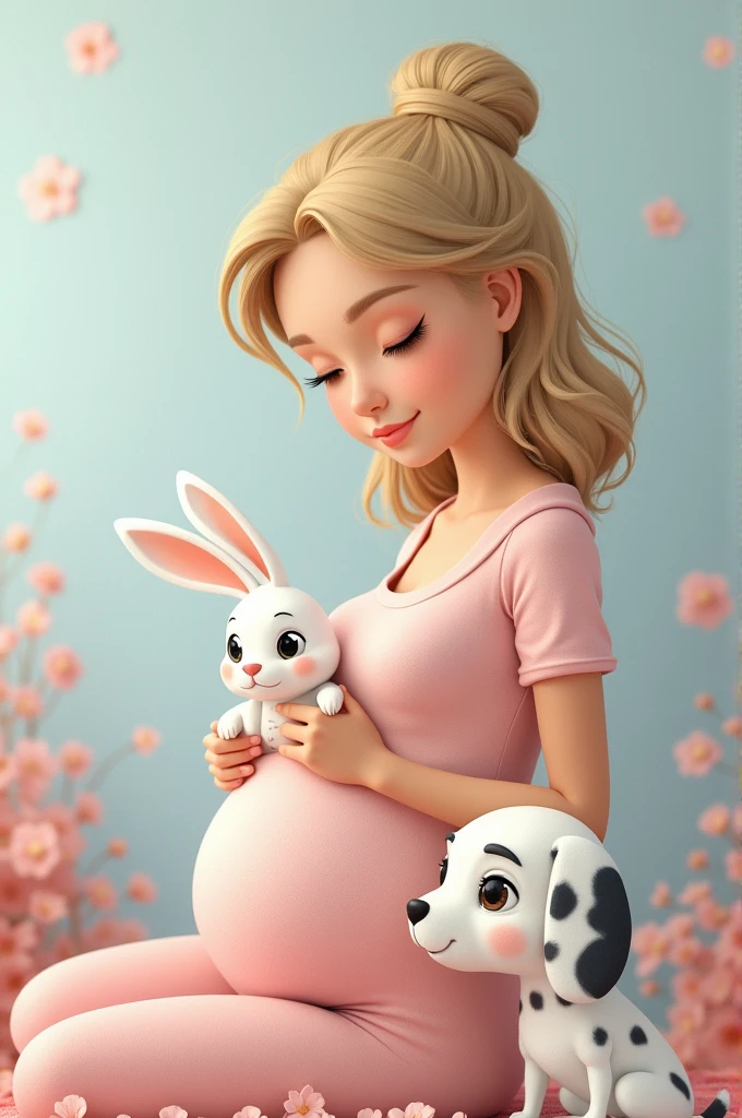 - **Femme blonde enceinte de 7 mois** : Elle a les cheveux bond, légèrement ondulés, et porte une tenue simple et confortable qui met en valeur sa grossesse. Elle est assise, avec une expression douce sur le visage.
- **Lapin blanc avec des taches noires** : Le lapin est petit et délicat, avec un pelage blanc, mais parsemé de quelques taches noires distinctives. Il est blotti contre son bras droit, qui repose le long de son corps.
- **Laisse rouge attachée à un dalmatien** : Dans sa main gauche, elle tient une laisse rouge. À l'autre bout de la laisse se trouve un dalmatien, un chien de taille moyenne au pelage blanc couvert de taches noires, qui est assis ou debout calmement à côté d'elle.
- **Fond pastel** : Le fond est doux et flou, composé de teintes pastel comme le rose pâle, le bleu clair, ou encore le lavande, qui donnent à l'image une atmosphère apaisante et rêveuse.