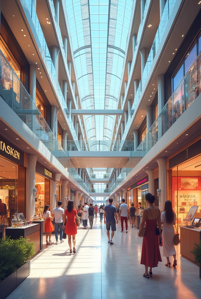 Inside a commercial complex with many shops, including clothes shops, perfume shops, etc.