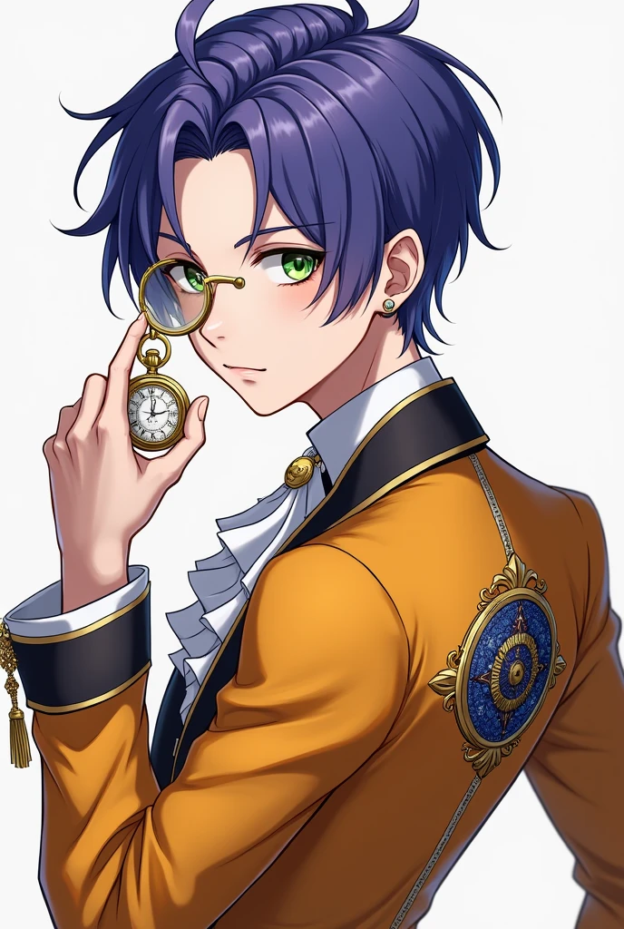 A young male Idol with neat and elegant purple-blue hair. Wearing a European-style performance outfit in main color Amber and white, European suits combined with Gothic and Baroque styles, stylized like a modern fashion model. Wearing gold monocle glass and holding a sapphire blue pocket watch. Green eyes. Earrings stylized to match the outfit.
On the back is the Deus ex Machina logo with the symbol of a time-traveling clock. The main color is #e8b923.