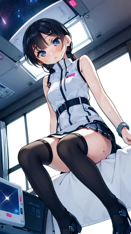 (Highest quality), (masterpiece), 1080P, High resolution, 4K, 8k, Inside the space station、Futuristic room、Thigh straps, Shooting from directly below, The woman on top of me, 白いSweat, Covered , Sweat, Woman looking down, Skirt swimsuit, Thigh-high socks, To achieve this, 16 years old, , whole body, Black leather shoes, Braided hair, Inner Color, Embarrassed face, Short black hair, bracelet, Bedroom,celestial body_Vest