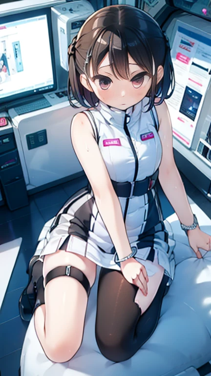 (Highest quality), (masterpiece), 1080P, High resolution, 4K, 8k, Inside the space station、Futuristic room、Thigh straps, Shooting from directly below, The woman on top of me, 白いSweat, Covered , Sweat, Woman looking down, Skirt swimsuit, Thigh-high socks, To achieve this, , , whole body, Black leather shoes, Braided hair, Inner Color, Embarrassed face, Short black hair, bracelet, Bedroom,celestial body_Vest