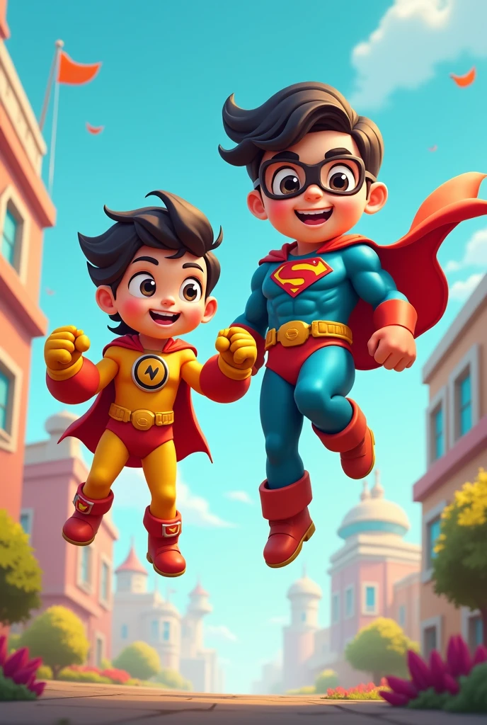 Make images of two superheroes without the head part, being a superhero in a child&#39;s body and a superhero in an adult&#39;s body Make the image more childish 