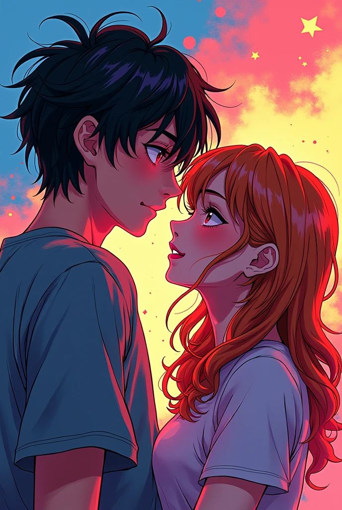 Please , make manga drawings in fluorescent colors that are about love