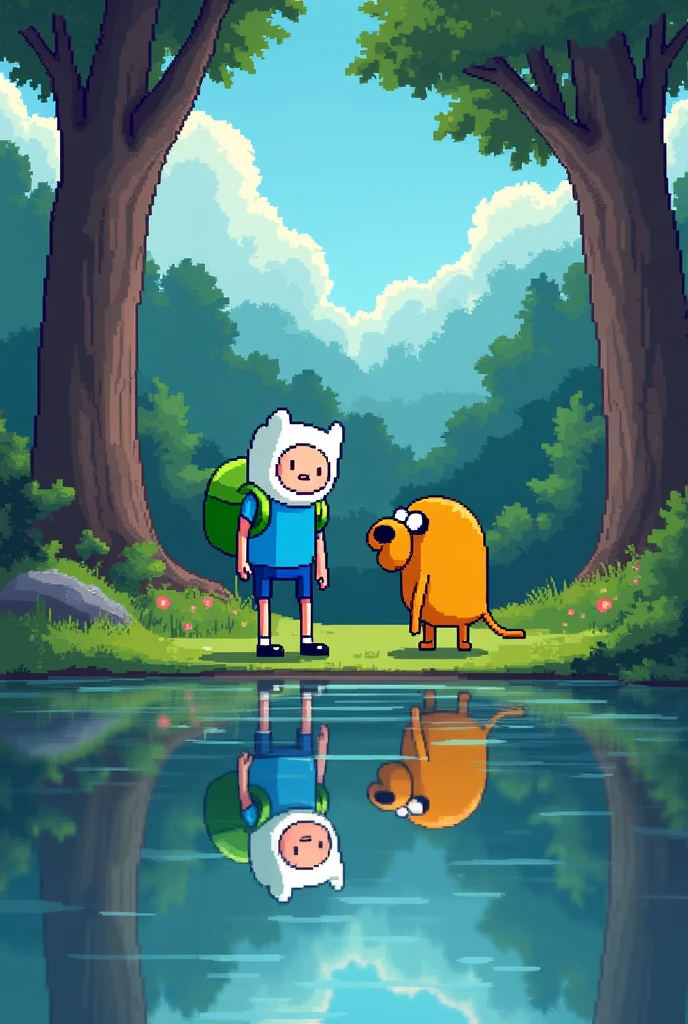 Finn and Jake from Adventure Time looking at the reflection in a lake in a forest in pixel art