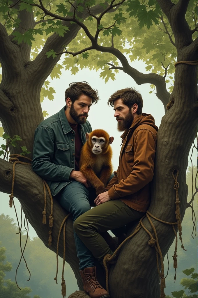 2 men and a monkey in a tree
