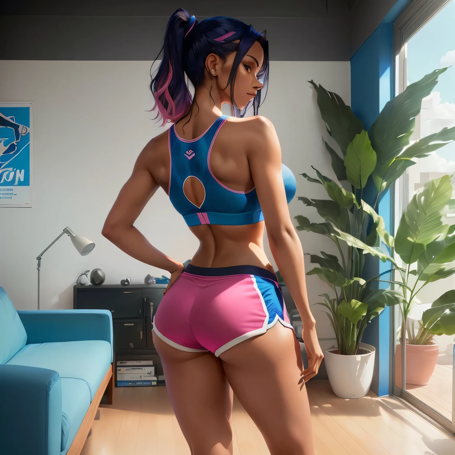 arafed woman in a blue sports bra top and pink shorts, sport bra and shorts, sport bra and dark blue shorts, toned derriere, bra and shorts streetwear, fit girl, shapely toned derriere, from the back, fit body, fit woman, in shorts, shapely derriere, sexy young woman, toned body, from back