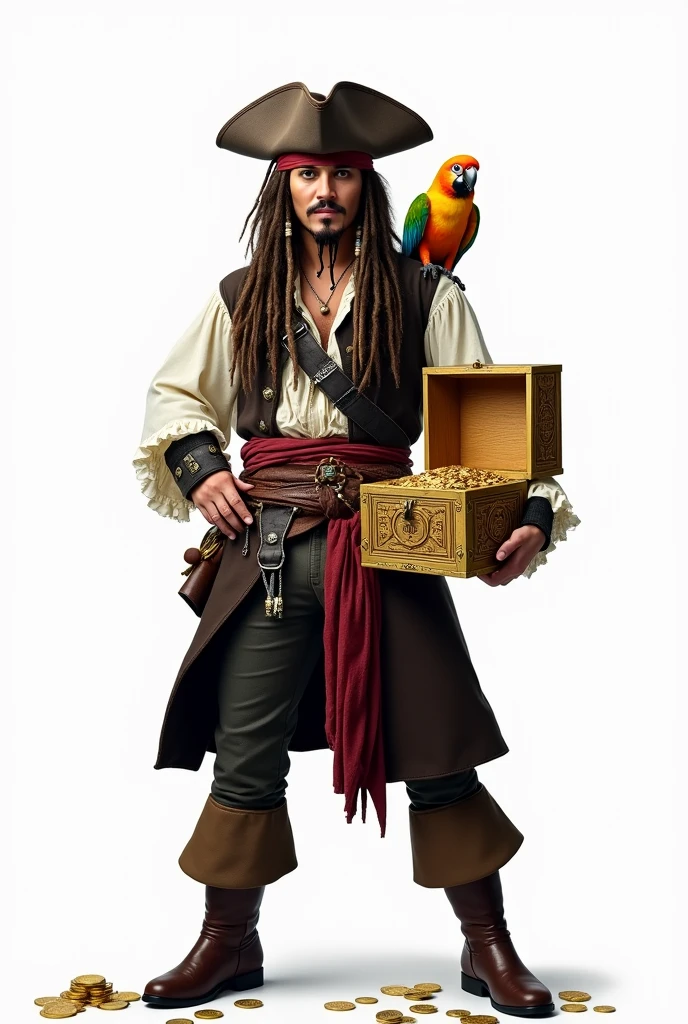 CREATE FOR ME an image of the character Jack Sparrow according to the characteristics of the film and the same feature on the face use the face of the actor Johnny Depp to be the pirate make him hold the chest of Aztec gold, MAKE THE CHEST OPEN, SHOWING THE COINS AND JEWELRY INSIDE make the image with a white background Also add the parrot on Jack Sparrow&#39;s shoulder. Image Description:
charachter: Jack Sparrow

Roupa: Jack Sparrow is wearing his traditional pirate costume, including a white ruffled shirt, a brown vest, dark pants and boots. He is also wearing a tricorn hat, a red bandana, and has his iconic pirate belt with various tools and a sword.
stance: He is standing, with a triumphant expression and a slight smile on his face, holding Aztec gold chest with one hand.
parrot: No ombro direito de Jack Sparrow, is the parrot, with colorful feathers and a curious expression. The parrot is one of the details that adds a classic touch to the character..
Aztec Gold Chest:

Appearance: The chest is decorated with intricate gold details and Aztec symbols. It is partially open.
Content: Inside the chest, a dazzling shine of gold coins is visible, collars, rings and other precious items. Some of the jewels are partially visible outside the chest., scattered a little around to highlight the richness that is within.
fund:

Farbe: pure white, to highlight the character and chest without distractions.
Additional Detail:
Lighting: Lighting can be soft, to accentuate the shine of the coins and jewels in the chest.
eyeshadows: Slight shadows can be added to give a sense of depth and realism to the image.
You have to use real-life actor Johnny Depp&#39;s face to compose this image
