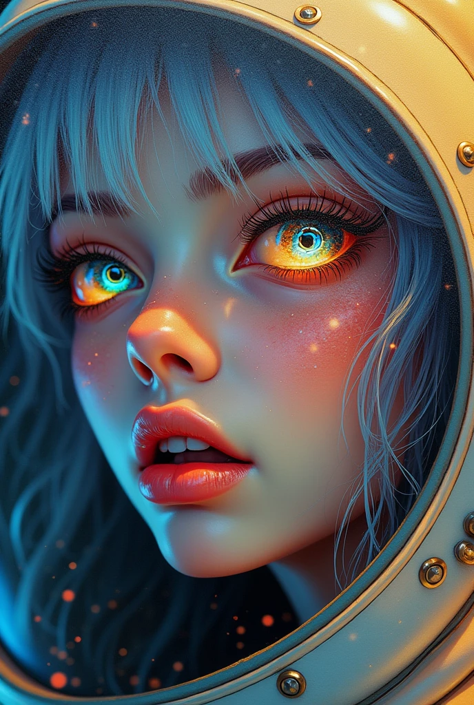 (Close-up of a better masterpiece:1.5)0.9], (Space and astronauts:1.2) (Messy silver hair:1.1) (Heterochromia xanthochromia and blue eyes:1.2) (Space Helmet:1.0) (Colored stars in the eyes:1.0) (A radiant glow:1.1) (thick lips:0.9)