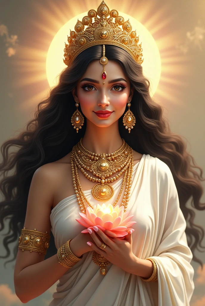 An indian Goddess having Long curly thick hair which is adorned with pearl chain. White skin with Golden glow. Her Forehead smeared with red vermillion. Wearing Traditional Indian attire white saree along with white blouse and a crown. Adorned with golden ornaments. 
Holding lotus in left hand and right hand is in blessing posture. 
Dark eyes and thick lips.