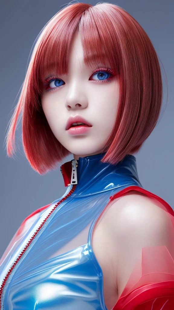 Japan Teen Model , Hair Model, Unique hair details, Translucent zip-up ripped dress, double eyelid, Fuller lips, Professional makeup, Blue to red gradient mullet bob hair, High quality editorial photos