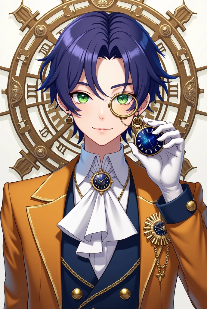 A young male Idol with neat and elegant purple-blue hair. Wearing a European-style performance outfit in main color Amber and white, European suits combined with Gothic and Baroque styles, stylized like a modern fashion model. Wearing gold monocle glass and holding a sapphire blue pocket watch. Green eyes. Earrings stylized to match the outfit.
On the background is the Deus ex Machina logo with the symbol of a time-traveling clock. The main color is #e8b923.