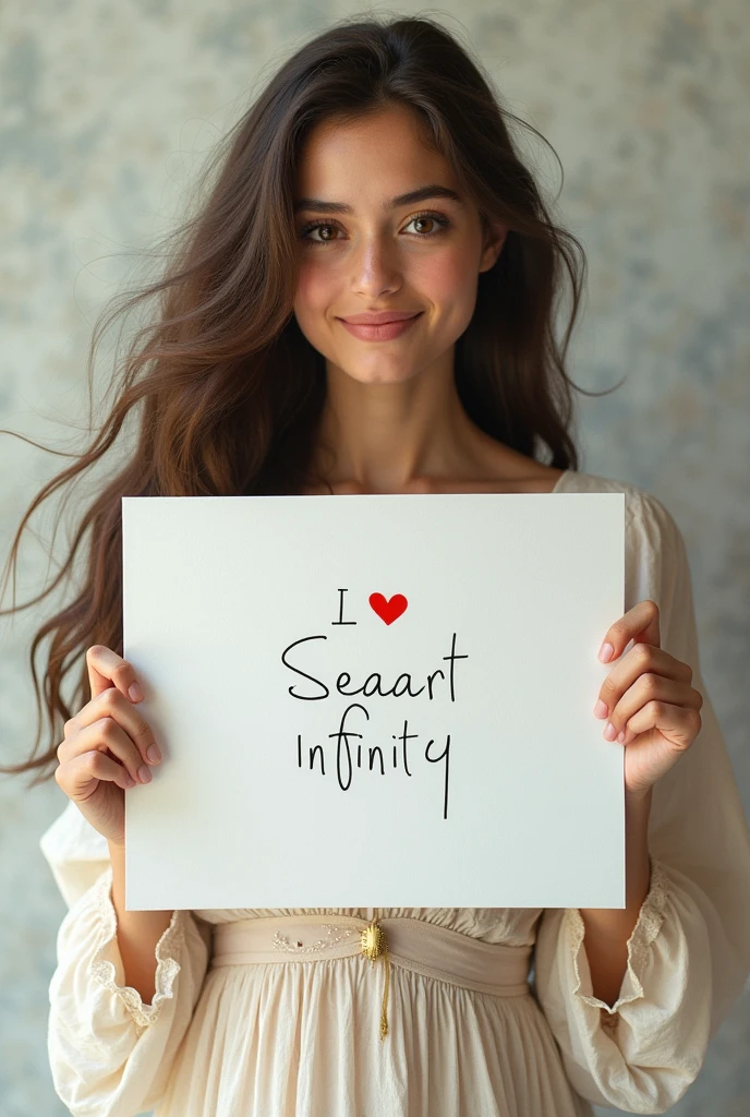 Beautiful girl with wavy long hair, bohemian dress, holding a white board with text "I Love Seaart Infinity" and showing it to the viewer