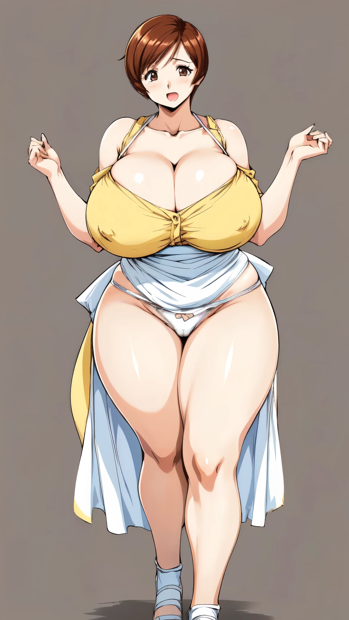 masterpiece, highest quality, High resolution, 1girl, solo, sexual intercourse, Pornographic images, short hair, etsukoto, brown Eyes, fine grain, fine grain, (((Thick thighs, Plump thighs, Voluptuous thighs, Thighs alone are enough))), ((Huge and ample breasts, Cleavage, big long breasts)), Naughty big,((big breasts are important))、((Naughty thighs)), L Cup, (thin:1.4),(Tight waist:1.4), (yellow dress:1.4), ((white waist apron)), ((white panties)), (((Simple Background))), smile, open mouth, ((Wide Hips)), Shiny, Oily skin, Mature mother, Calf, Seductive mature woman, milf, Perfect body, Plus Size Model, curvy, ample, etsukoto, blush, clavicle, retro artstyle, 1990s (style), (thick thighs:1.4), ((bursting breasts, spilling out, huge cleavage, ultra-gigantic breasts)), (((((standing, bare legs, showing panty))))), ((((((open legs)))))),