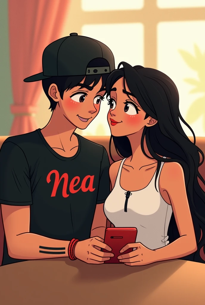 A Disney or Pixar Couple Description of the Bride:The woman is wearing a white tank top with a black zipper and her hair is completely down and it is black and she is sitting on the right side.
Description of the groom:He is wearing a black t-shirt with letters that say Nea and they are red.,and he has a black cap and has a tattoo on his arm that is two black lines., the groom has a red bracelet.
They are both sitting looking in front of the cell phone and in the middle of the two there is a table