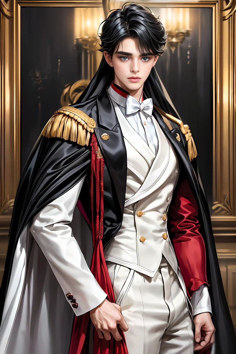 masterpiece, 最high quality, high quality, 1 boy, alone, Male focus, Watching the audience, Messy black hair, Adorable big blue eyes, White, Noble, Noble,A sexy, voluminous, puffy cape、tuxedo、A very voluminous, large, very large, very large, long, long red and black cape with a high stand-up collar, made of a lot of fabric that reaches down to the floor., 17 years old,Cute beautiful boys,Cute, cute, kind, handsome guy
