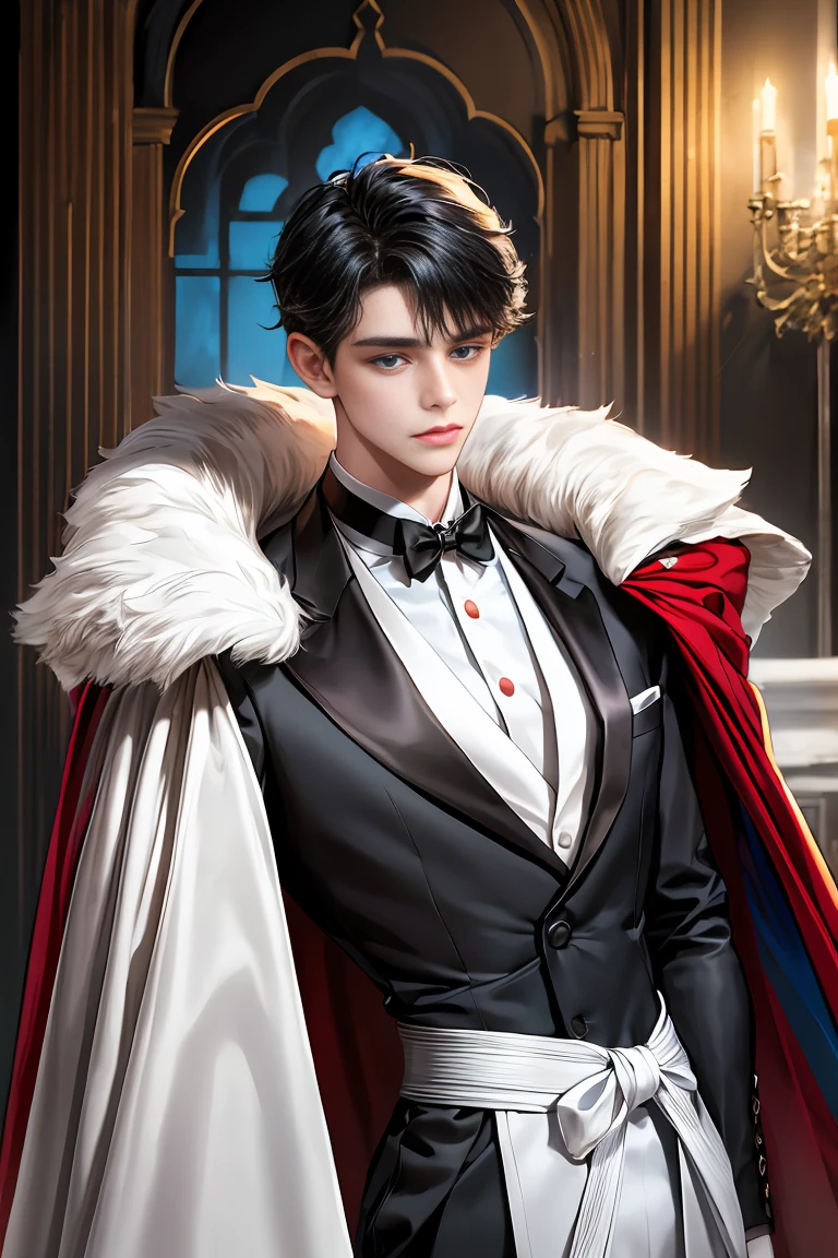 masterpiece, 最high quality, high quality, 1 boy, alone, Male focus, Watching the audience, Messy black hair, Adorable big blue eyes, White, Noble, Noble,A sexy, voluminous, puffy cape、tuxedo、A very voluminous, large, very large, very large, long, long red and black cape with a high stand-up collar, made of a lot of fabric that reaches down to the floor., 17 years old,Cute beautiful boys,Cute, cute, kind, handsome guy