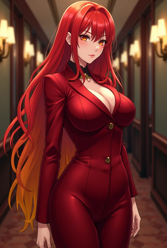 anime style tall woman, floor length red hair, the tip of the hair fades to orange and yellow, curves, a lot of chest, big hips and butt, linda, eyes in gradient from cherry to red, red to orange and orange to yellow with the fringe to one side and with a lot of volume and wearing a formal suit with a top all in red 