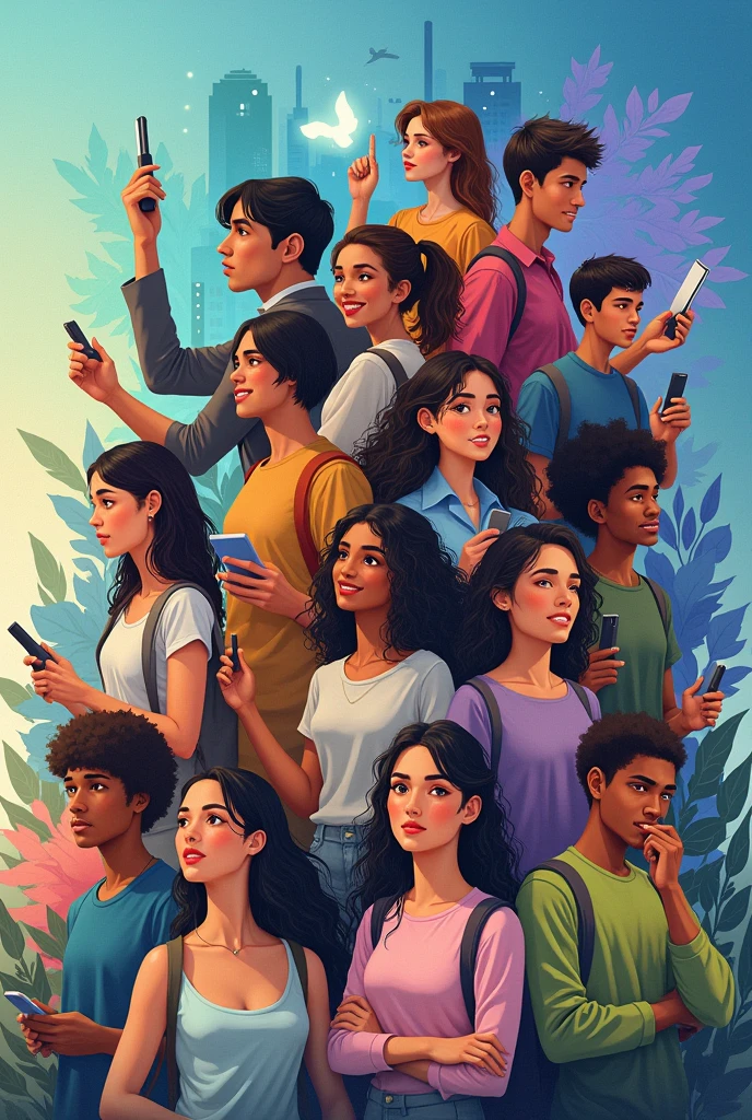 Main Image: A dynamic collage of young people from diverse backgrounds, engaged in various activities like speaking, volunteering, or working together. This can be an illustration or high-quality photograph.Background: A vibrant, energetic color scheme with a blend of blues, greens, and purples, symbolizing growth and hope. Alternatively, use a cityscape or nature backdrop to represent the environment and urban transformation.