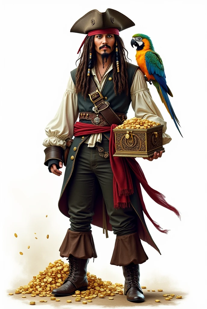 CREATE FOR ME an image of the character Jack Sparrow according to the characteristics of the film and the same feature on the face use the face of the actor Johnny Depp to be the pirate make him hold the chest of Aztec gold, MAKE THE CHEST OPEN, SHOWING THE COINS AND JEWELRY INSIDE make the image with a white background Also add the parrot on Jack Sparrow&#39;s shoulder. Image Description:
charachter: Jack Sparrow

Roupa: Jack Sparrow is wearing his traditional pirate costume, including a white ruffled shirt, a brown vest, dark pants and boots. He is also wearing a tricorn hat, a red bandana, and has his iconic pirate belt with various tools and a sword.
stance: He is standing, with a triumphant expression and a slight smile on his face, holding Aztec gold chest with one hand.
parrot: No ombro direito de Jack Sparrow, is the parrot, with colorful feathers and a curious expression. The parrot is one of the details that adds a classic touch to the character..
Aztec Gold Chest:

Appearance: The chest is decorated with intricate gold details and Aztec symbols. It is partially open.
Content: Inside the chest, a dazzling shine of gold coins is visible, collars, rings and other precious items. Some of the jewels are partially visible outside the chest., scattered a little around to highlight the richness that is within.
fund:

Farbe: pure white, to highlight the character and chest without distractions.
Additional Detail:
Lighting: Lighting can be soft, to accentuate the shine of the coins and jewels in the chest.
eyeshadows: Slight shadows can be added to give a sense of depth and realism to the image.
You have to use the real-life actor Johnny Depp&#39;s face to compose this image, do it in the form of a drawing