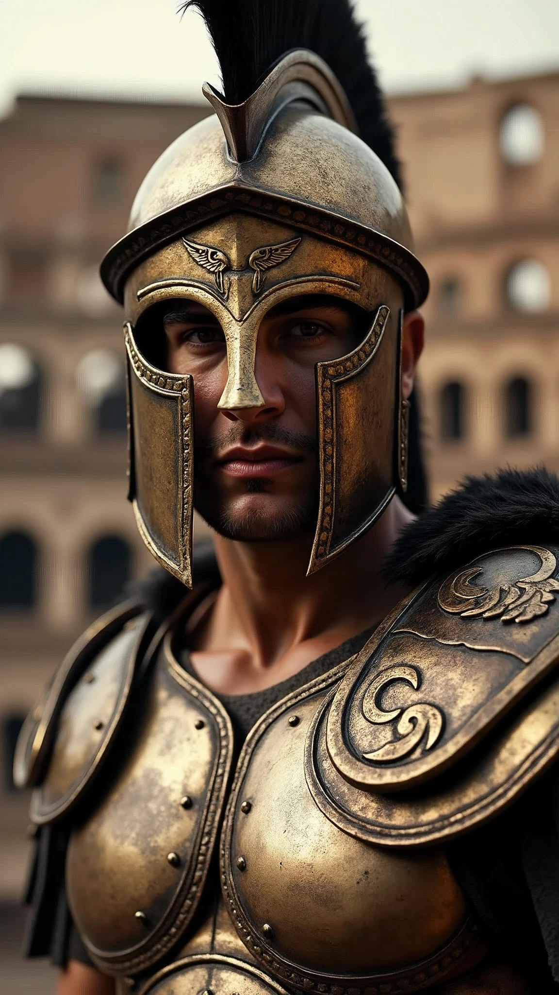 close-up shot of a stunning gladiator with a metal mask, award-winning photography, wearing roman armour. The gladiator is looking stern in the colosseum. hot atmosphere. sepia colours, photorealistic
