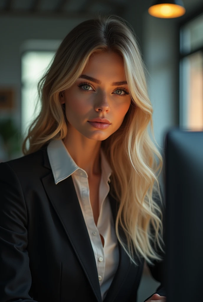 a beautiful girl with long blonde hair, detailed eyes, nose, and lips, wearing professional outfit, siting in her office, using her computer, hp comuter (best quality,4k,8k,highres,masterpiece:1.2),ultra-detailed,(realistic,photorealistic,photo-realistic:1.37),HDR,studio lighting,extremely detailed face and body, portrait,cinematic lighting,dramatic lighting,warm color tones,dramatic colors