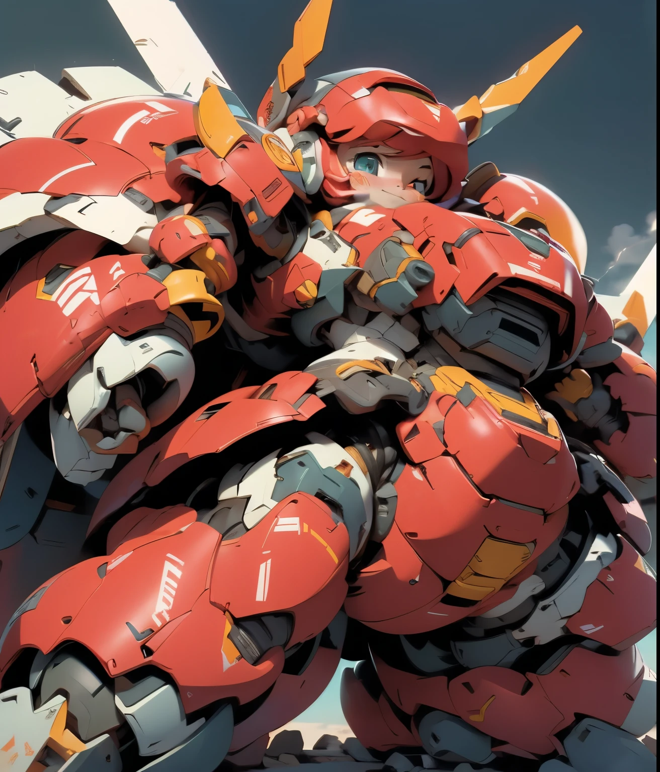 (((1 chibi girl in large red-colored robot costume, from below))), (holding weapons), (((helmet:1.5))), (((looking down:1.4))), ssmile, (chibi), (bulky:1.5), large cute face, mechanical parts, ((mechanical wings)), (full armor:1.8), (mecha armor:1.8), (shoulder guards:1.2),(huger arms), ((mechanical arms:1.5)), (short legs), (huger body:1.8), (heavy equipment:1.6), (from below), (headgear), blue sky, white clouds, robot joints, becoming a mecha, mecha, (RARS), (HRS), ROBOTANIMESTYLE, BJ_Cute_Mech,cute, girl BREAK ((masterpiece)), vibrant colors, 8k, best quality, ultra detailed illustration, ((best quality)), ((high resolution)), flawless skin textures, shiny oiled skin, extremely detailed anime eyes , extreme light and shadow,
