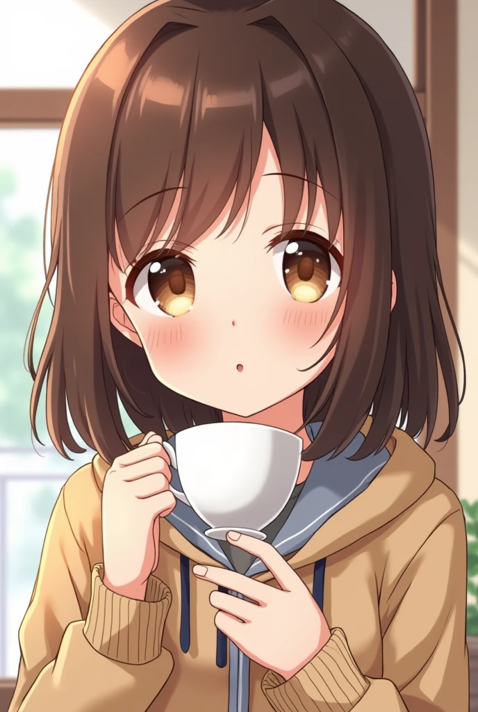 there is a girl holding a cup of coffee in her hand, pretty-face-fine girl, beautiful natural anime face, with a cute face - fine, sakimi-chan, chiho, Yoshitomo Nara, young and cute face, Beautiful face of Japanese girls, brown hair and big eyes, Cute kawaii girl, Beautiful big and clear eyes
