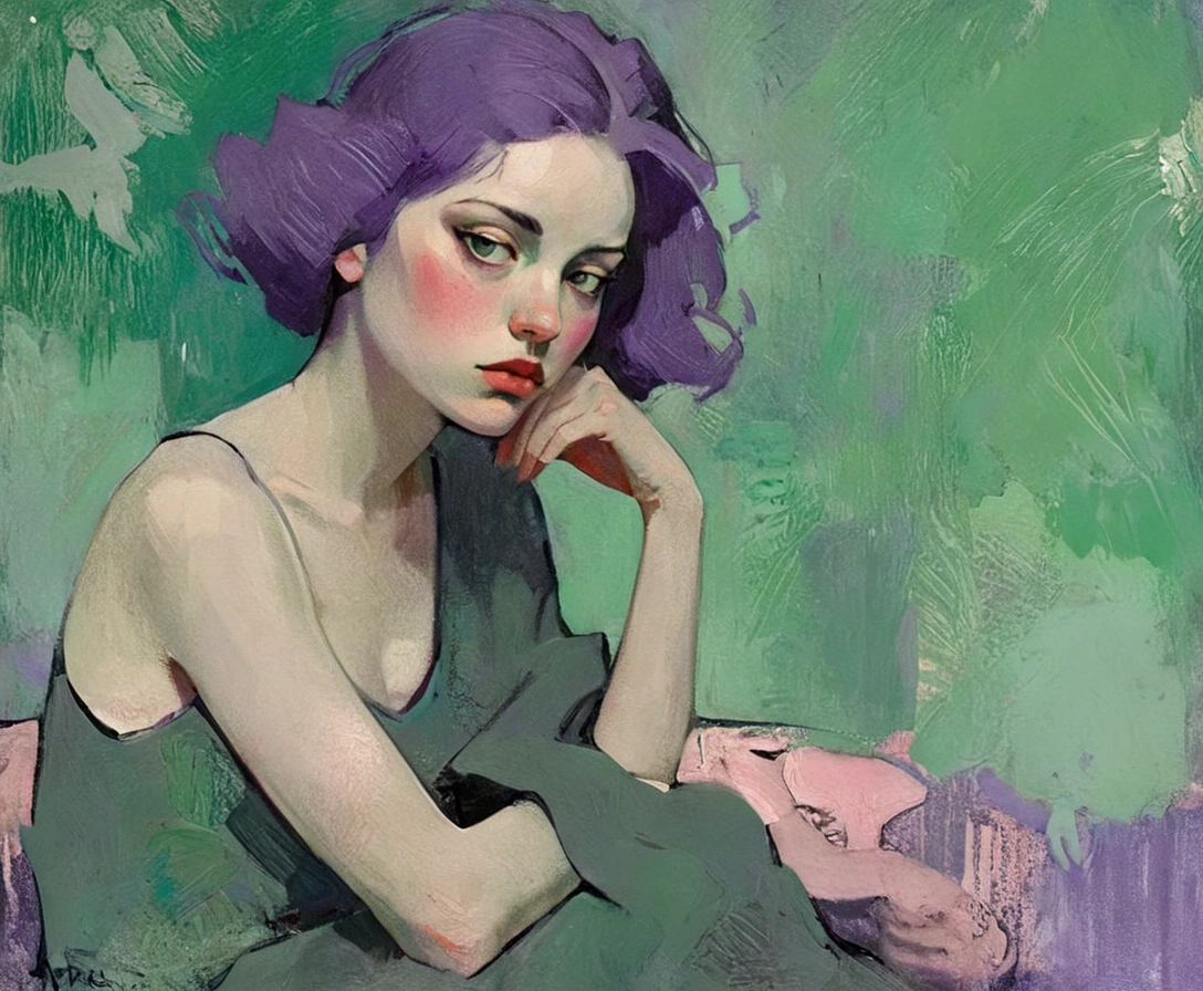 Create a portrait of a young woman in a semi-reclining pose with a pensive expression. Her eyes never leave yours, sparkling with a mixture of vulnerability and raw sensuality. Use a painterly style inspired by Malcolm Liepke, characterized by expressive brushstrokes and rich texture. Employ a color palette of muted greens, soft pinks, deep purples, and subtle flesh tones to evoke a sense of depth and emotion. The background should consist of abstract, textured layers in complementary colors, blending seamlessly with the figure. Pay attention to the contrast between the smooth, detailed rendering of the face and the rough, textured application of paint in the surrounding areas. Capture the delicate balance of vulnerability and strength in the subject's gaze and posture