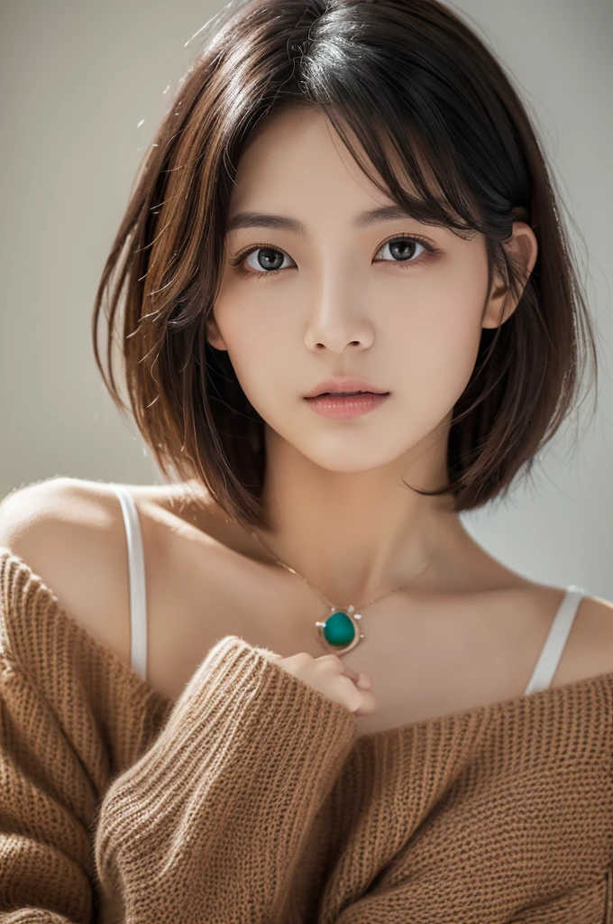 (masuter piece:1.3)、(8K、Photorealsitic、Raw photography、top-quality: 1.4)、(1girl in)、beautiful expression、(Lifelike face)、(A dark-haired、short-hair:1.3)、Beautiful hairstyle、realisticeyes、Beautiful details、(real looking skin)、Beautiful skins、(Sweaters)、absurderes、enticing、超A high resolution、A hyper-realistic、high-detail、