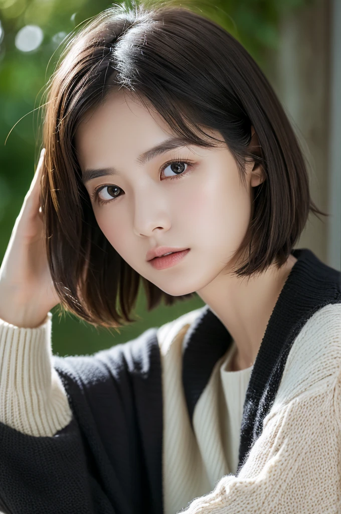 (masuter piece:1.3)、(8K、Photorealsitic、Raw photography、top-quality: 1.4)、(1girl in)、beautiful expression、(Lifelike face)、(A dark-haired、short-hair:1.3)、Beautiful hairstyle、realisticeyes、Beautiful details、(real looking skin)、Beautiful skins、(Sweaters)、absurderes、enticing、超A high resolution、A hyper-realistic、high-detail、