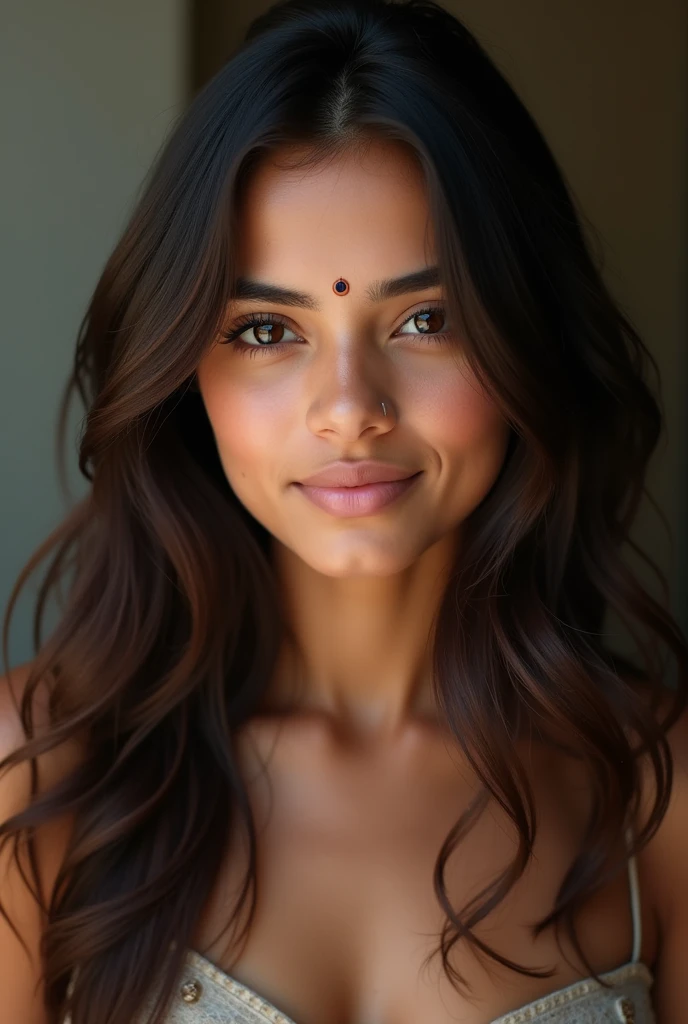 Beautiful ,23 years young Indian girl healthy, ,8k,realistic, raw photo,dark brown hair,fair skin, indian,long hair,clear facial features,, very detailed, 23years old, innocent face, natural wavy hair, high resolution, masterpiece, best quality, intricate details, highly detailed, sharp focus, detailed skin, realistic skin texture, texture, detailed eyes, professional, 4k, charming smile, shot on Canon, 85mm, shallow depth of field, kodak vision color, perfect fit body, extremely detailed, foto_\(ultra\), photorealistic, realistic, post-processing, maximum detail, roughness, real life, ultra realistic, photorealism, photography, 8k uhd, photography with bindi