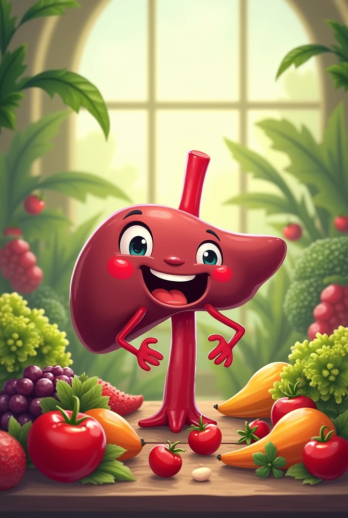 A cartoon shaped human liver eating fruits and vegetables