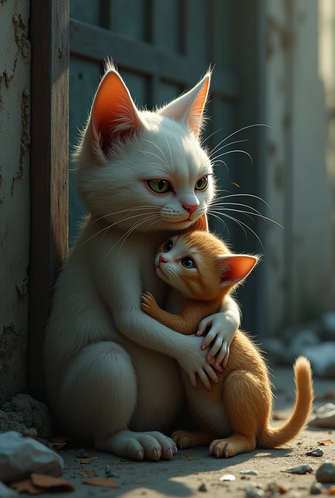 Poor cat father and cat daughter, dirty and malnourished
