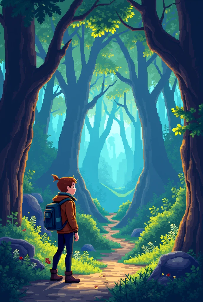 Find a jacket, adventure time, inside a forest in PIXEL ART