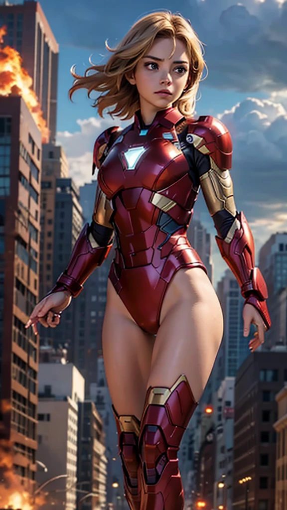 Ironman, (Marvel comics), Marvel Avengers, sexy girl, powerful, red classic sexy armor, broken armor, Young, skynny body, small and beautiful buttocks, toned abdomen, small and beautiful breasts, concerned, very sensual, she is flying in the sky, she is shooting energy rays with her hands, rocket propulsion at your feet armor, power center, planes, clouds, New York City on fire, destroyed buildings in the background, Dramatic background, many scared people, alien invasion, sensual look, Beautiful brown eyes, classic hairstyle,Hair dyed in bright blonde color, best quality,4k,8k,A high resolution,masterpiece,Ultra detailed,realistic, Photorealistic,photo realistic, ultra realistic, gran definición,