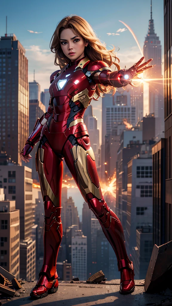 Ironman, (Marvel comics), Marvel Avengers, sexy girl, powerful, red classic sexy armor, broken armor, Young, skynny body, small and beautiful buttocks, toned abdomen, small and beautiful breasts, concerned, very sensual, she is flying in the sky, she is shooting energy rays with her hands, rocket propulsion at your feet armor, power center, planes, clouds, New York City on fire, destroyed buildings in the background, Dramatic background, many scared people, alien invasion, sensual look, Beautiful brown eyes, classic hairstyle,Hair dyed in bright blonde color, best quality,4k,8k,A high resolution,masterpiece,Ultra detailed,realistic, Photorealistic,photo realistic, ultra realistic, gran definición,