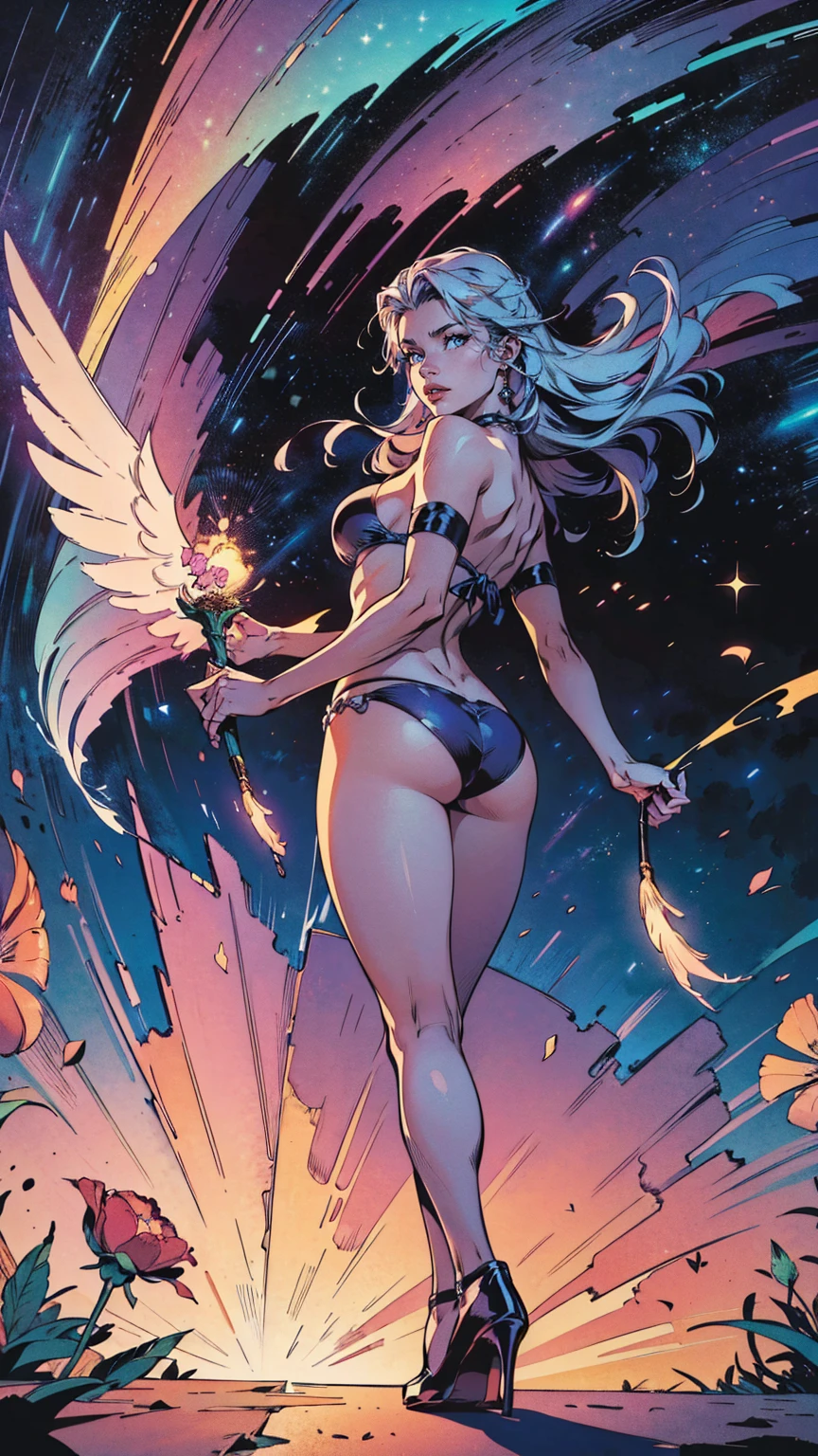 a goddess, A glorious sunrise, aura, glow, multi-colored bright aurora borealis, Spectrum Rainbow,Colored Angel Wings, feathers, In a chic, lavender white mint hair, pastel, mixed-language_SMS, (beautiful and clear background:1.2),, fantastic paintings , olhos altamente detalhados, crystals, outer space, galaxy, Gorgeous hair, Background Flora Peony, poppy, hydrangea, Plants. Loving. Love. ultra detailed hair, Best Quality, hig quality, high resolucion, detail enhancement, ((most beautiful image in the world)), Masterpiece, Best Quality, High Quality Detail Enhancement, ((most beautiful image ), Shiny hair, ultra chic bikini, Stampa Flores, art by stjepan sejic, art by j scott campbell, art by guillem march, art by citemer liu, 4k, high resolucion, comic book character, comic, high quality detailed, style of ::2.0 comix illustration style,tatoon style, hig quality, high resolucion, detail enhancement, 8K, HD, Best Quality, hig quality, high resolucion, detail enhancement, 8K, HDR, Sharp focus, Ultra Detailed, perfect lighting, Curvy Body, Lush breasts, Curvy hips, in a space station, high heels, from back, sparks, Stars, The Cycle of the Stars