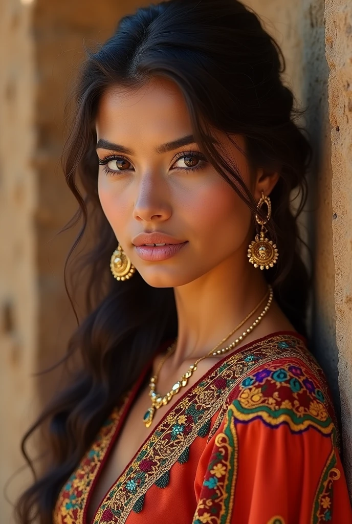 A beautiful Moroccan girl, dark brown eyes, 26 years old, almond shaped eyes, oval face shape, wavy hair, 170cm, 65kg, highly detailed face, detailed skin texture, elegant poses, colorful Moroccan dress, gold jewelry, natural lighting, dramatic shadows, warm color palette, portrait, realistic, photorealistic, 8k, masterpiece