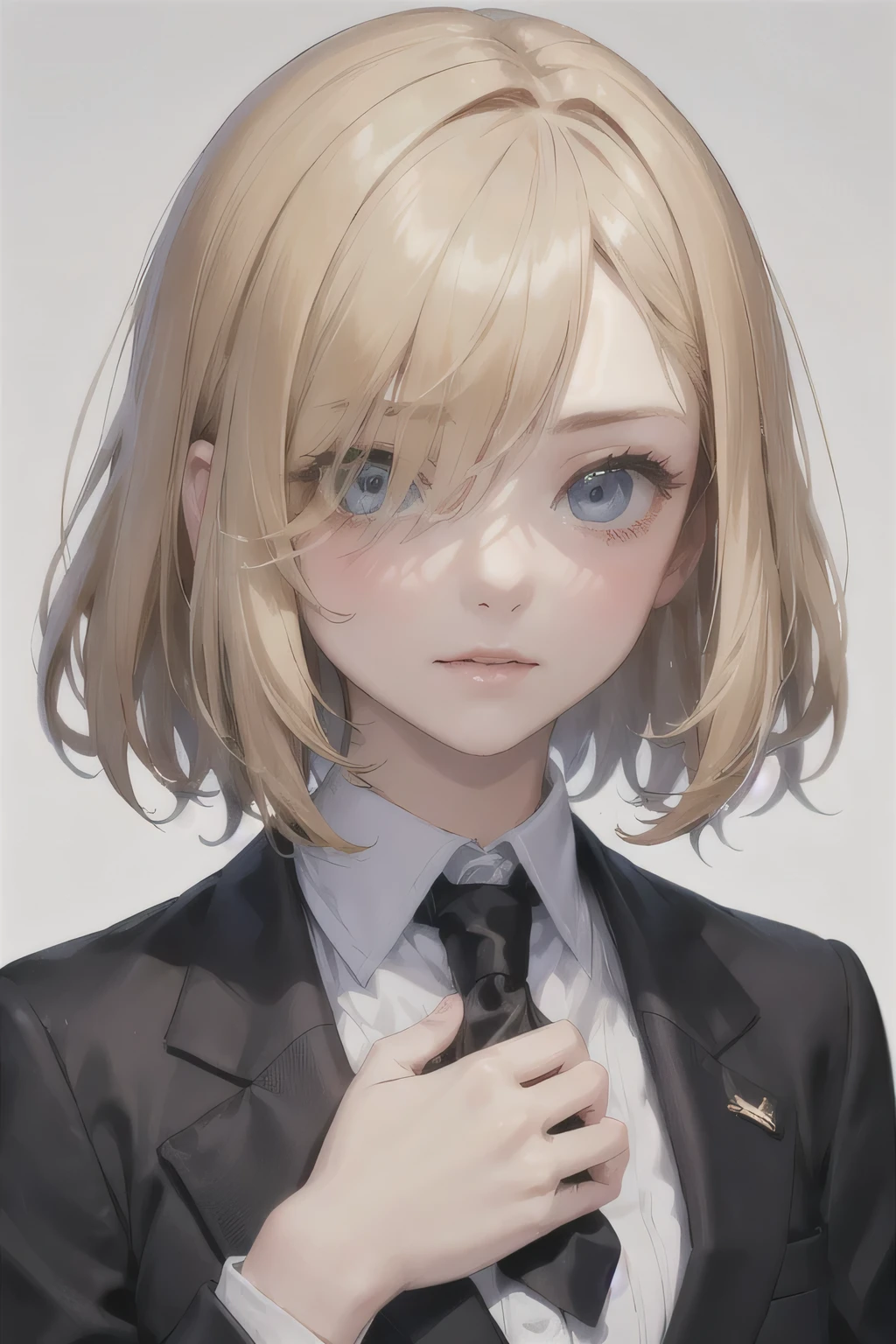 European girl portrait,alone,20-year-old,Beautiful Face,Upper Body,Hair on one eye,Medium Sidecut, Blonde, Sharp focus,Black business suit