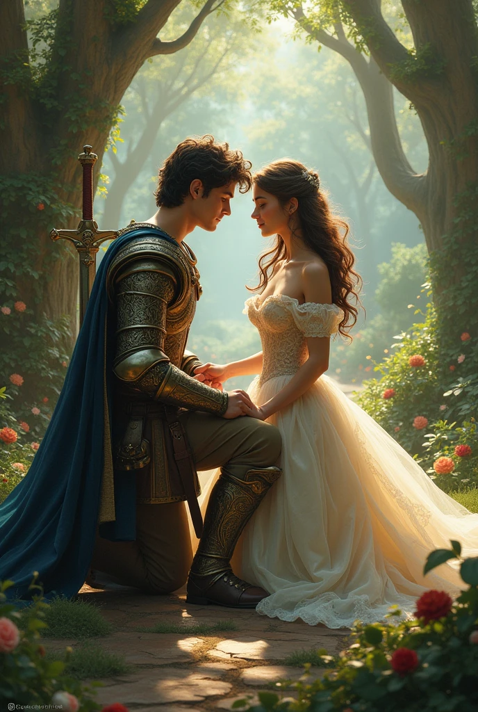 A young handsome warrior holds the foot of yong beautiful princess .